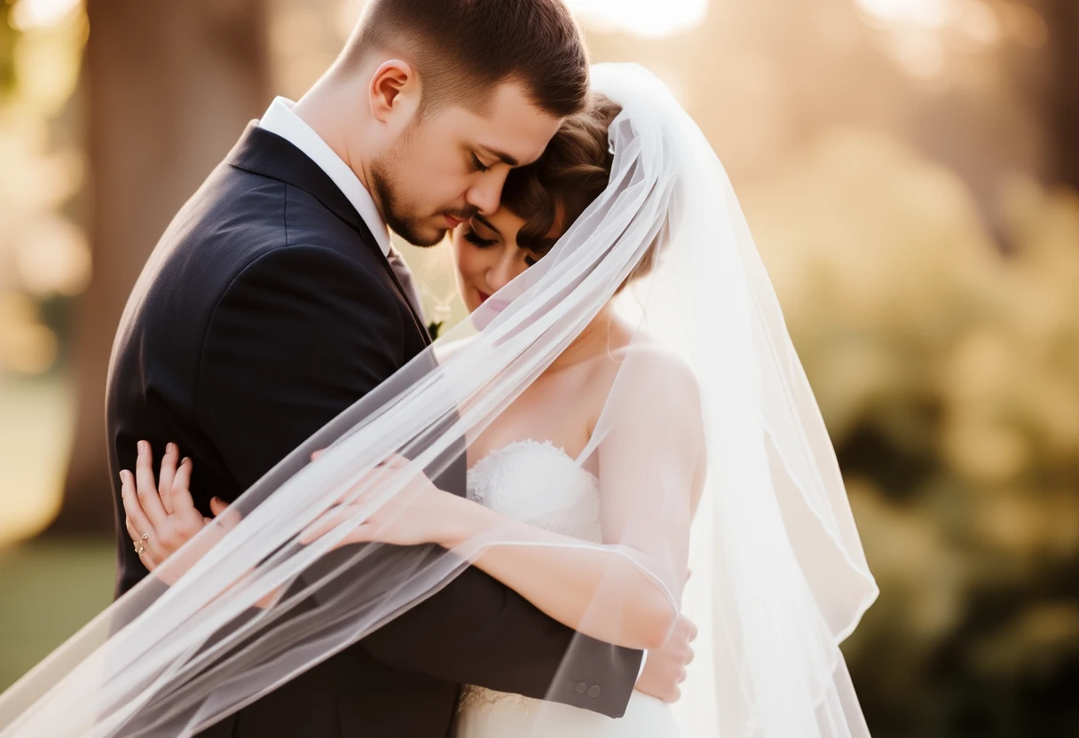 Wedding photography, couple embracing, soft focus