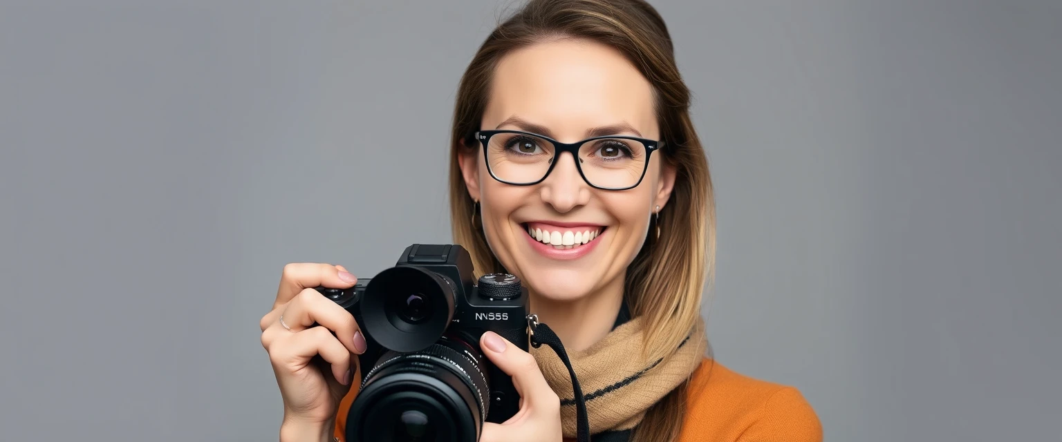 Portrait of Jane Doe, professional photographer, smiling with camera