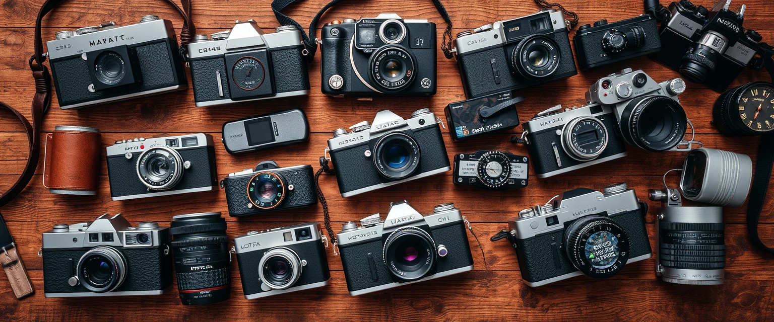 Various vintage and modern cameras on wooden table