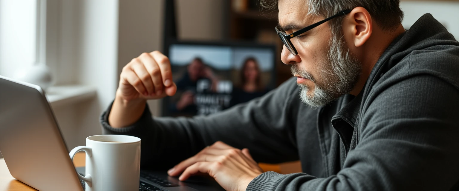 Person editing photos on computer, coffee nearby