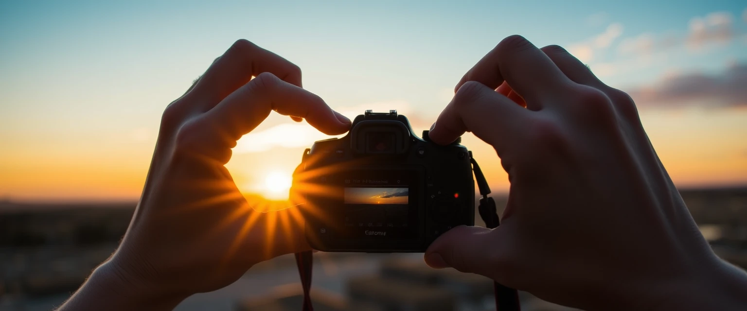 Person framing a shot with hands, sunset in background